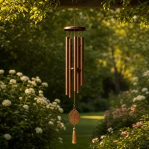 Antique bronze metal wind chime in a garden setting